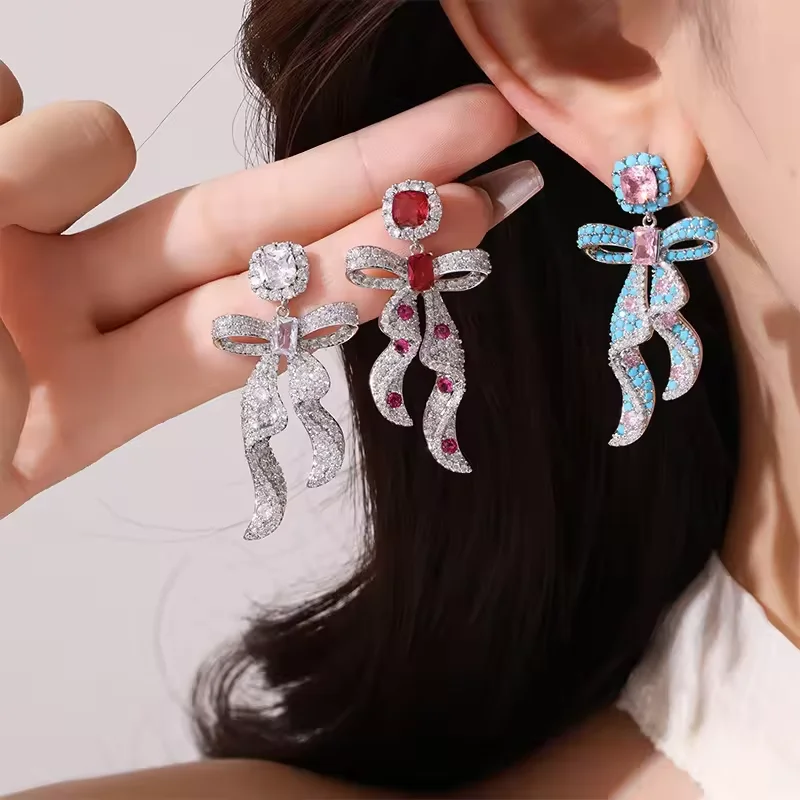 

New Silver Color Pink Blue Zircon Bowknot Pendant Earrings Wedding Dinner Party Jewelry Earrings Sweet Gift Female