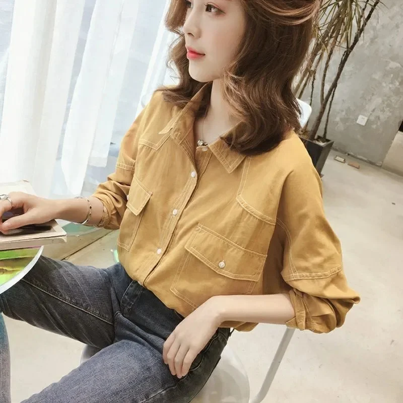

2025 Ladies Solid Color Loose Top Coat Retro Femme Long Sleeves Blouse Spring Autumn Women Fashion Single Breasted Shirt Jacket