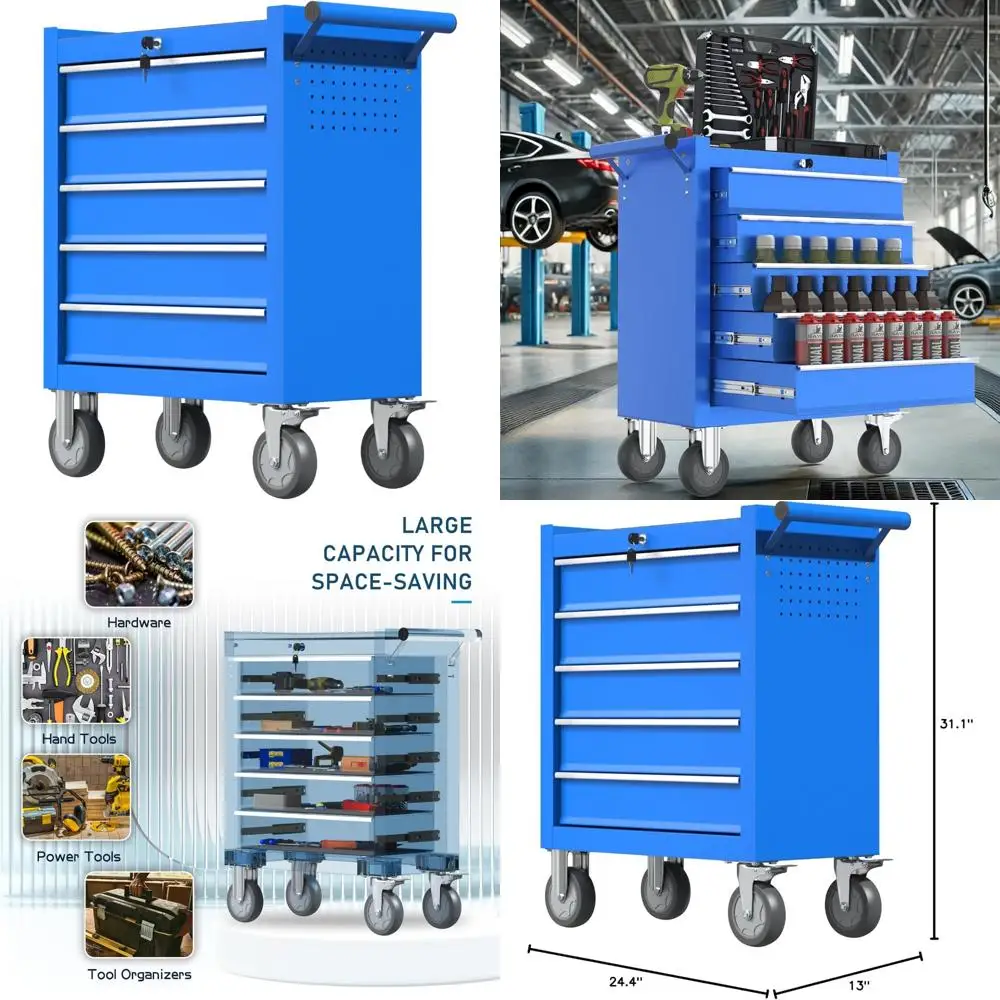 5段引き出し付きヘビーデューティーローリングツールチェスト、大容量収納、作業場用メカニックロック式メタルツールキャビネット