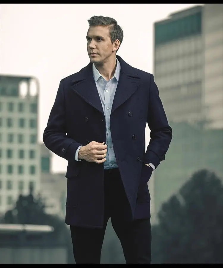 AI NI YA Autumn/Winter New American Retro Navy Blue Woolen Men\'s Coat Slim Fit Mid length Business Casual Windproof Coat