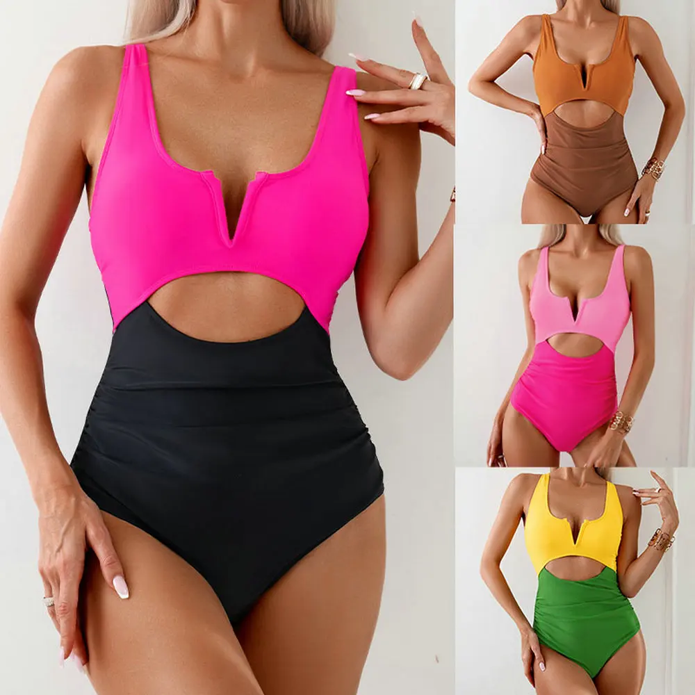 

Сексуальный ярко-розовый контрастный цельный купальник для женщин с v-образным вырезом и плиссировкой на животе, купальник 2024, пляжный купальный костюм, монокини