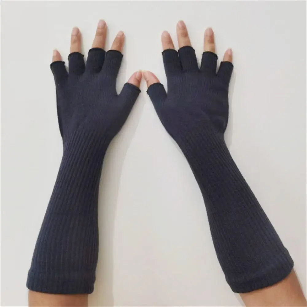 1 Pair Long Knitted Unisex Half Finger Gloves Women Girls Autumn Winter Arm Warmers Pure Black Elbow Long Warm Work Gloves