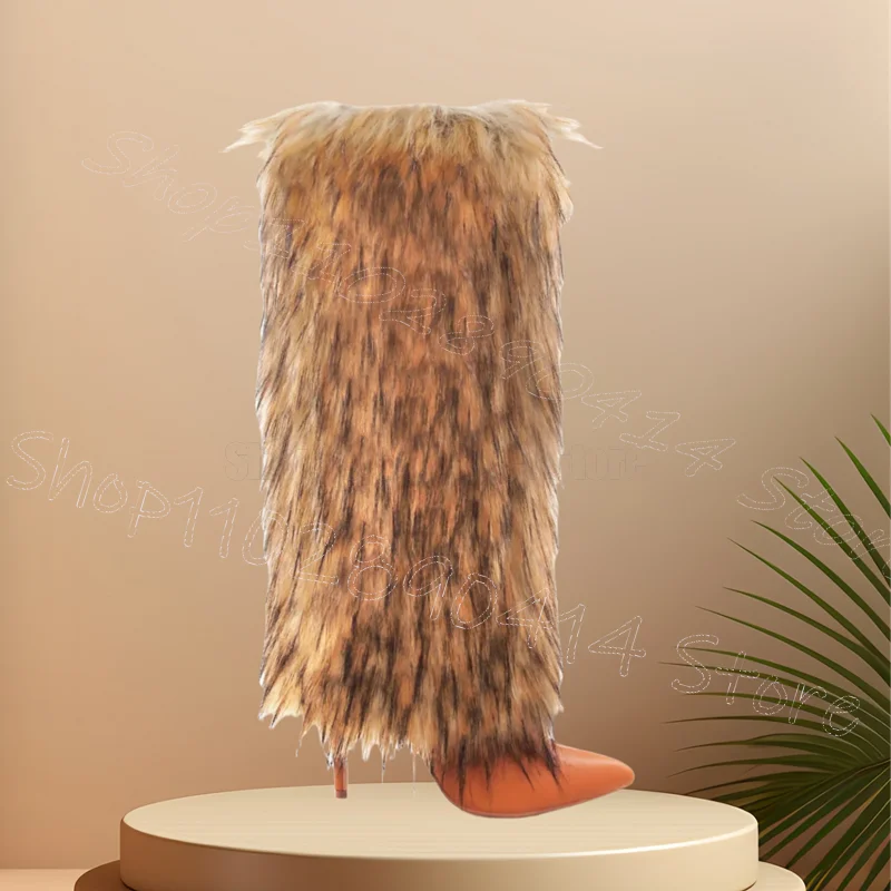 

Brown Fur Design Orange Pointed Toe Boots Slip On Women Shoes Thin High Heels Sexy Party Banquet Dating 2026 Zapatos Para Mujere