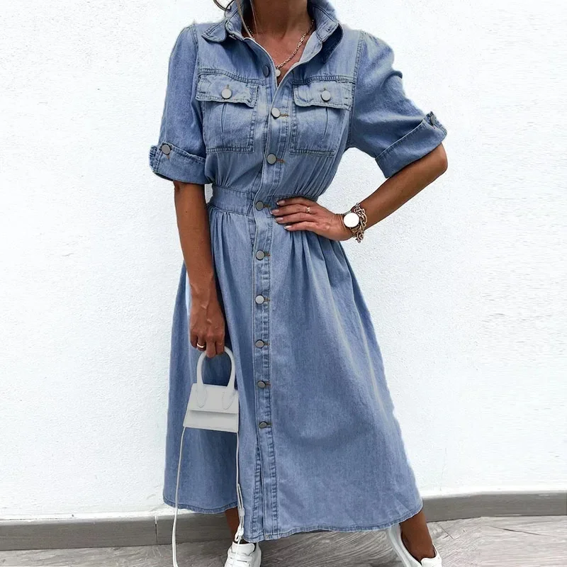 High Street Office Denim Dresses Chic Summer Short Sleeve Women Elastic Waist Long Dress Elegant 2024 Lapel Button Jeans Dress