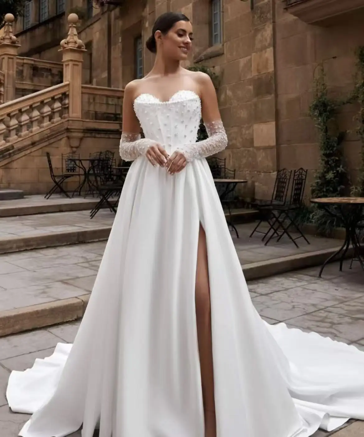 Personalizado cetim querida pérolas e miçangas vestidos de casamento para as mulheres elegante 2025 trem varredura vestidos de noiva novia