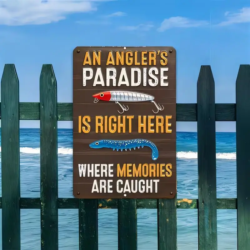 Retro Metal Fishing Tin Sign - Angler's Paradise Lures Design, Brown Iron Wall Art for Beach Houses, Fishing Rooms & Cabin Decor