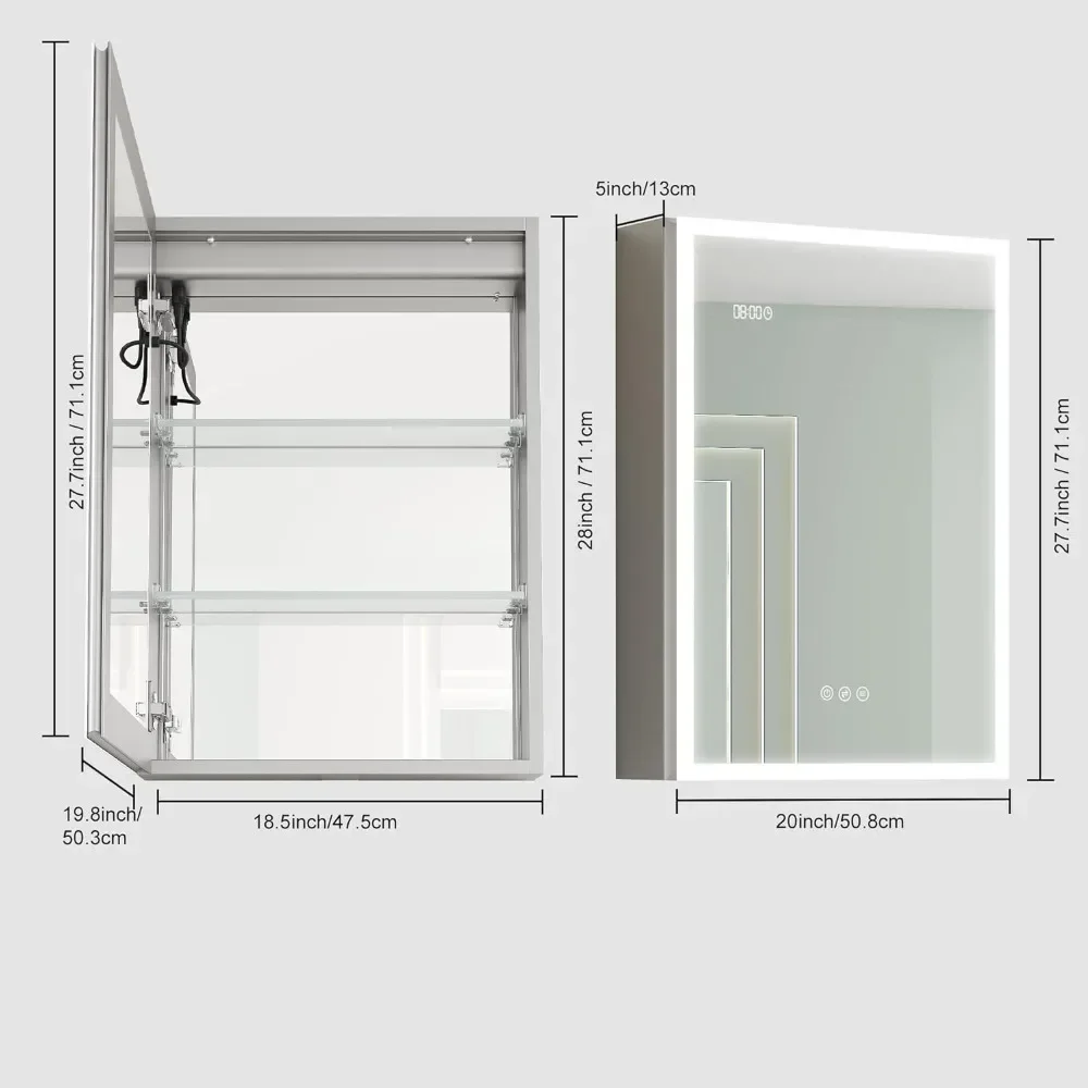 20 X 28 inch LED Bathroom Medicine Cabinet with Mirror, 3 Color Lights & Brightness Anti-Fog Time&Temp Display Surface Mount