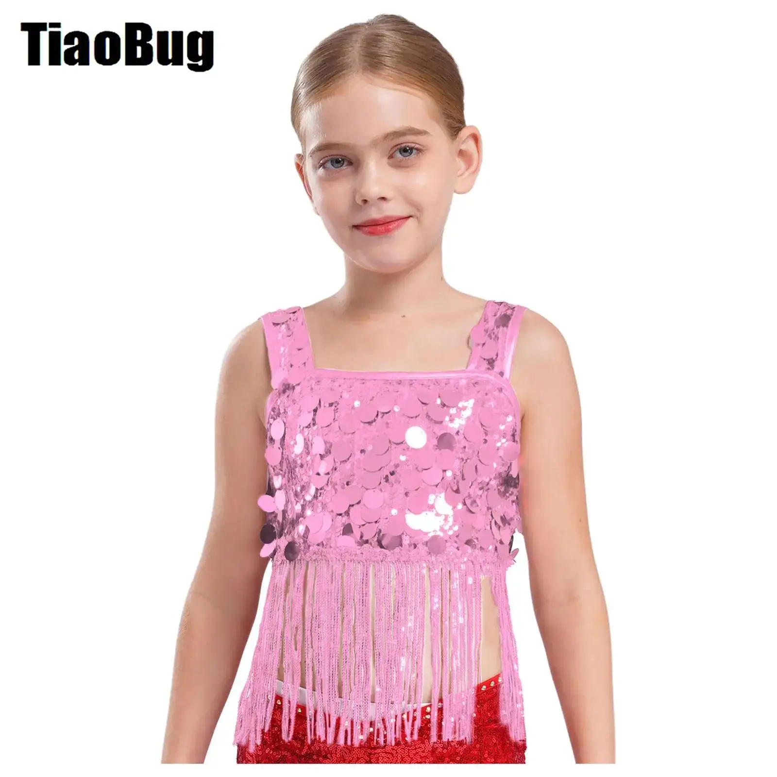 

Kids Girls Shiny Sequins Jazz Crop Top Wide Shoulder Straps Tassels Top for Dance Party Performance Competition