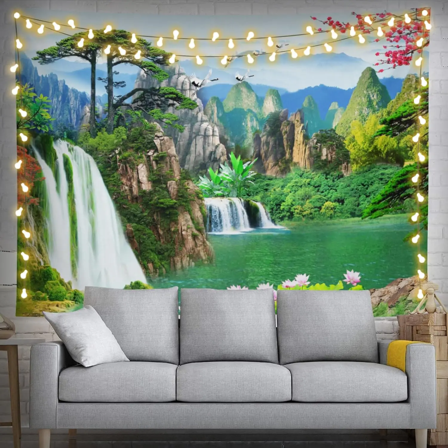 Ultra Realistic Waterfall Mountain Landscape Tapestry Polyester Wall Art Nature Decor Print for Living Room Bedroom Apartment Tr