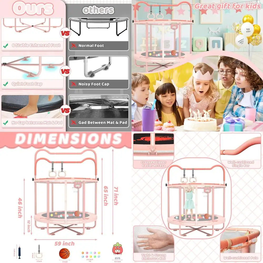 

60-дюймовый детский батут для дома, 5-футовый мини-батут для малышей с баскетбольным кольцом, гимнастическим бараком, кольцами, рождественскими игрушками, подарок на день рождения