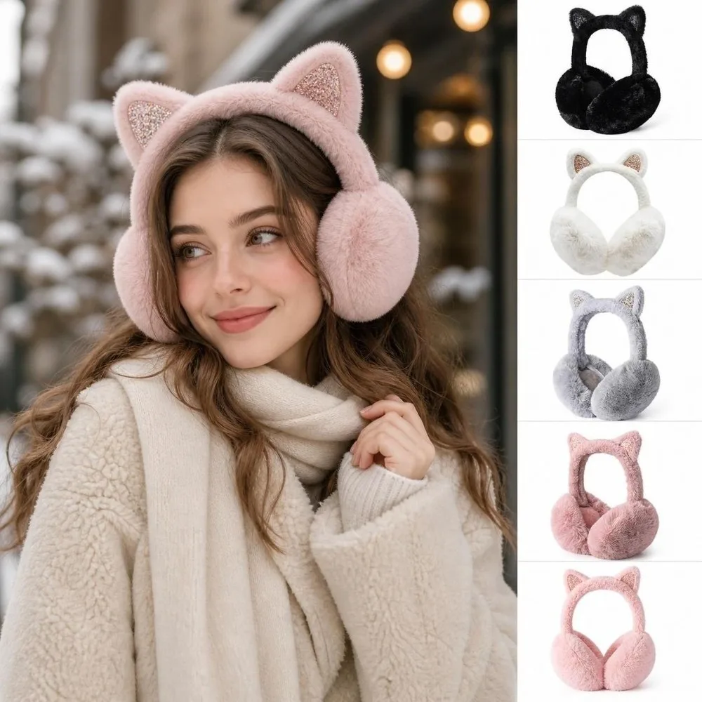 Fashion Faux Fur Cat Ear Earmuffs Fluffy Thermal Lining Faux Fur Ear Warmers Foldable Foldable Thermal Earmuffs Winter Outdoor