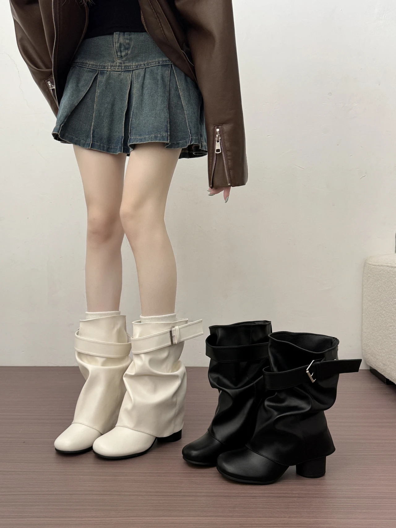 women's-western-cowboy-boots-folded-knight-style-belt-buckle-short-fashion-boots-autumn-new-arrival-crisscross-design