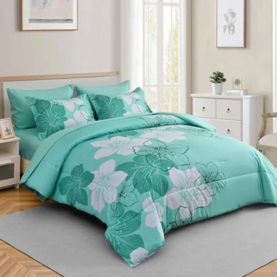 Comforter Set Size 7 Pieces Bed in a Bag, Turquoise Floral Comforter and Sheet Set, Soft Microfiber Complete Summer Bedding Set