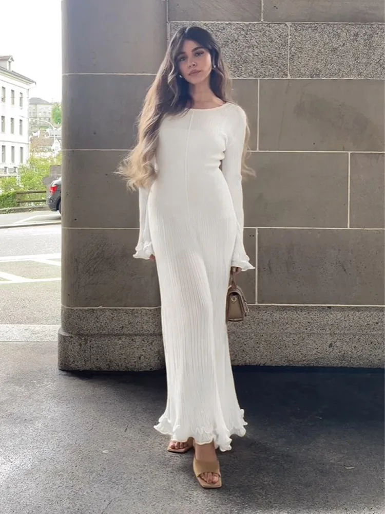 Women Solid Ruffles Knitted Dress Loose Elegant O Neck Long Trumpet Sleeve Maxi Dresses 2024 New Spring Summer Female Knitwear