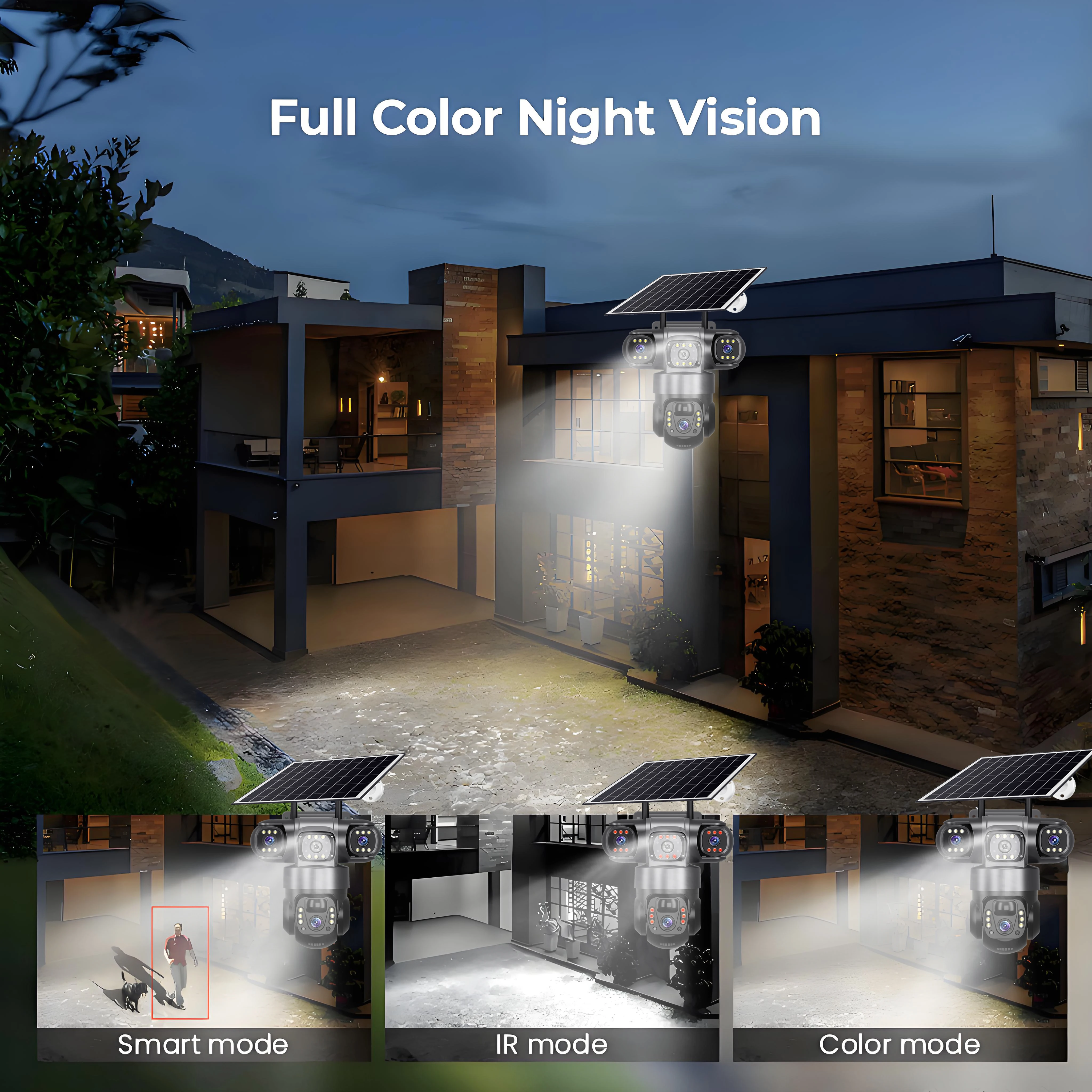 Telecamera solare 4G a tre obiettivi con scheda SIM Batteria esterna da 12 MP Monitor video con rilevamento del movimento PIR Sorveglianza a tre schermi 6K