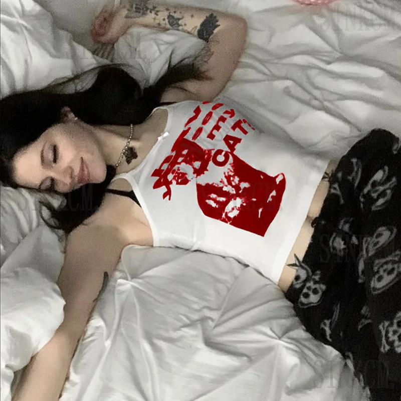 Have Seen My Cat Text Print Women Cami Tank Top Y2K Vintage Sleeveless Slim Cropped Summer Camisole Vest
