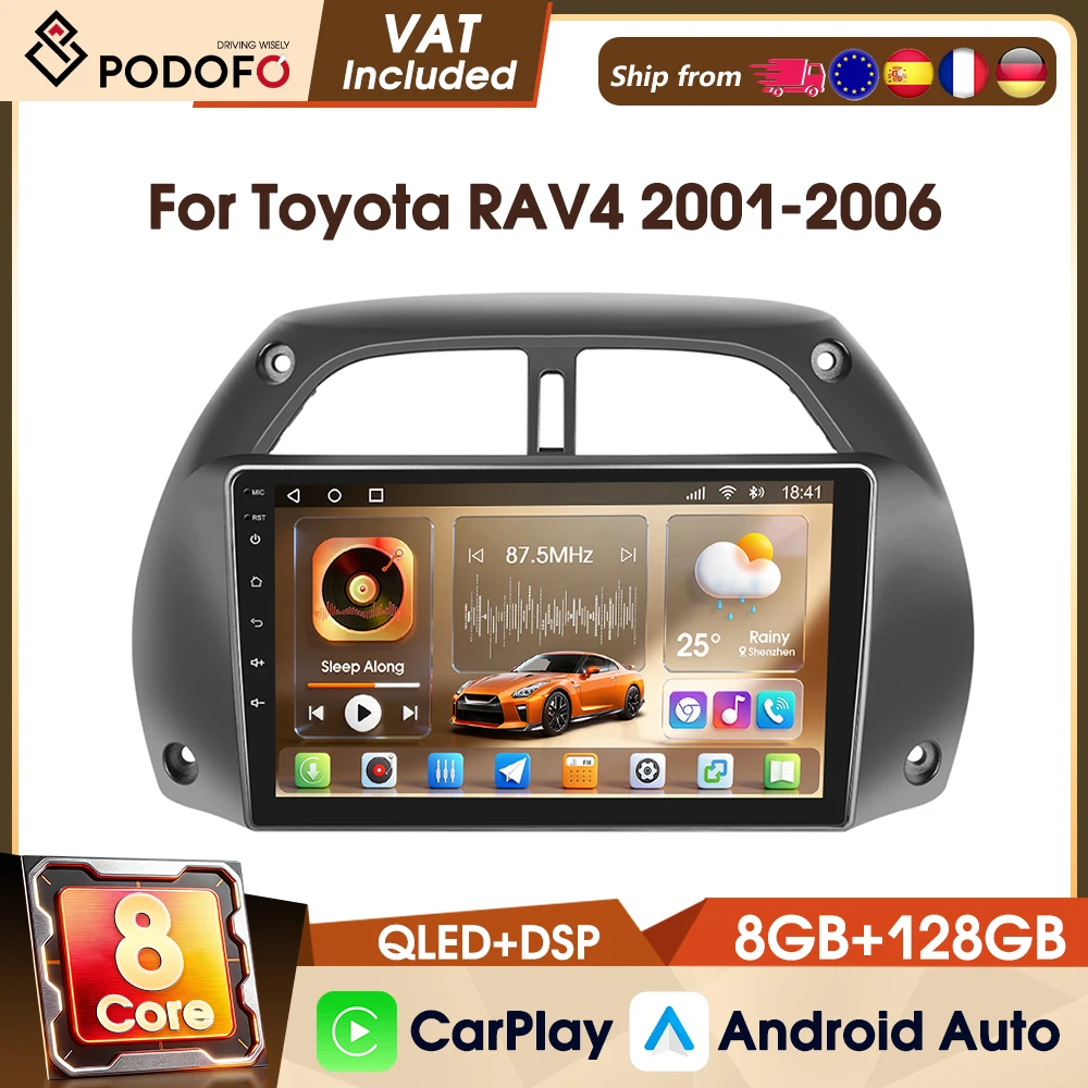 Podofo 8-Kern 8+128G Autoradio Stereo für Toyota RAV4 2001-2006 9" 4G 2Din Autoradio WIFI AM FM RDS DAB GPS IPS Bildschirm Navigation Autoradio