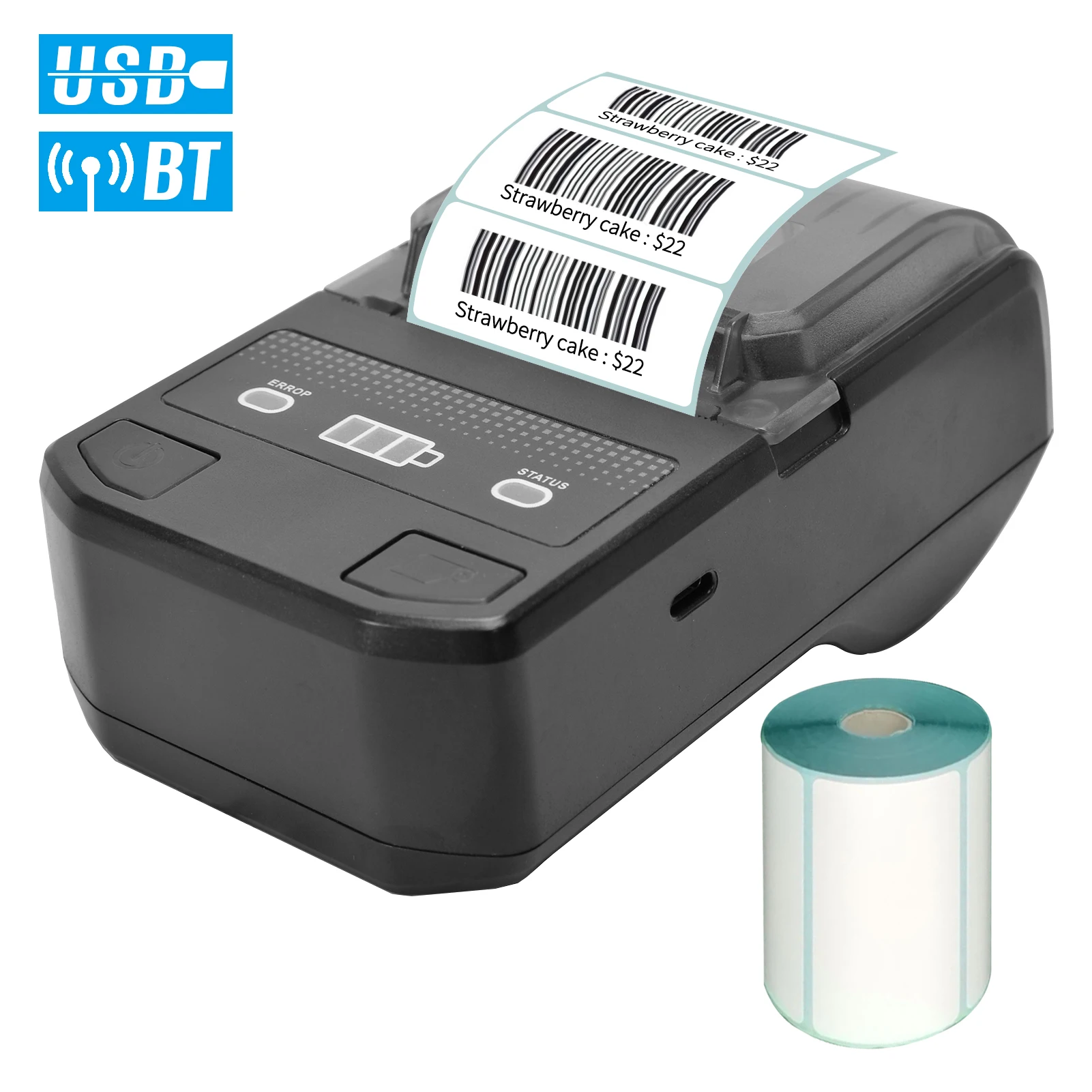 Portable 58mm Thermal Label Maker Wireless BT Mini Label Printer Barcode Printer w/Rechargeable Battery for Android iOS Windows