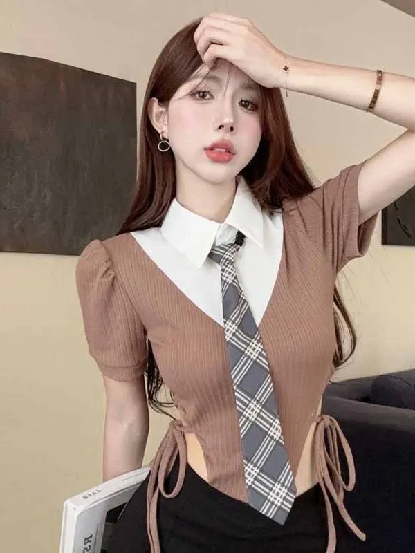 Women 2024 Summer College Style Pure Desire Hollow Out Lace Up Short Sleeve Flip Collar Color Blocking Slim Bodysuits WQZS