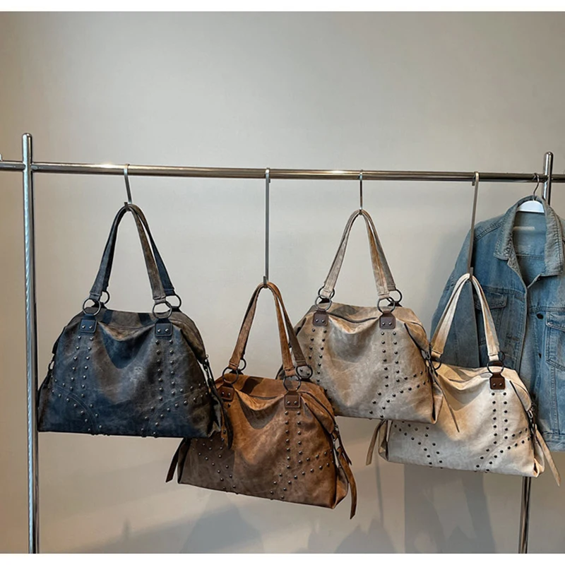 DHL30pcs Shoulder Bags Women PU Plain Large Capacity Rive Decoration Handbag