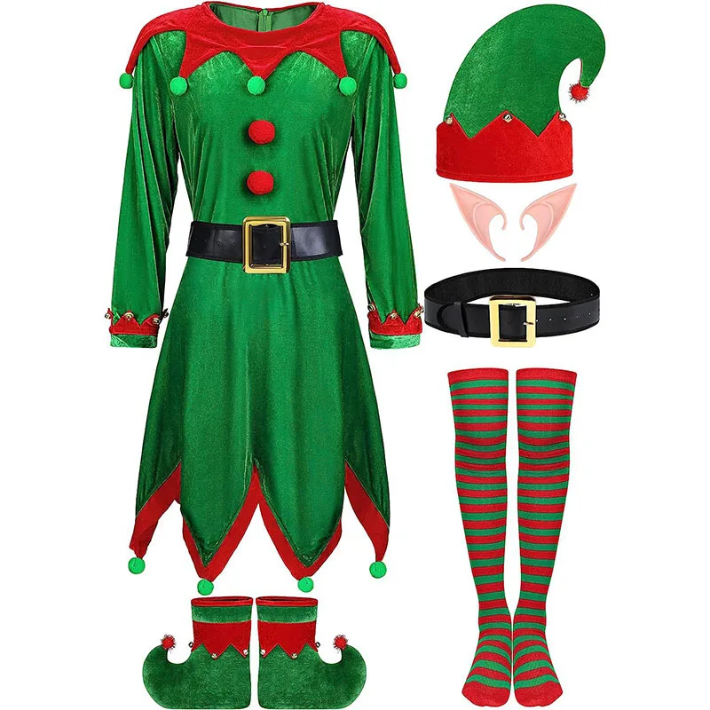

2025 yiyi Adults Lady Christmas Elf Costume Fit Hooded Velvet Dress Festival Party Family Matching Outfits New Year Cosplay Clot