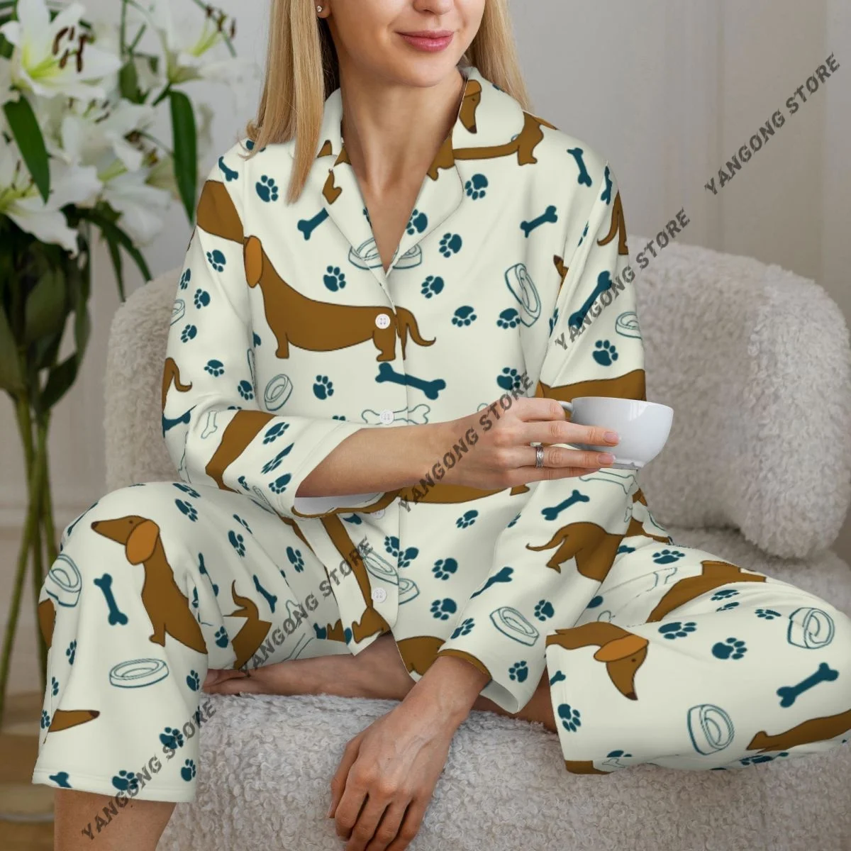 Women's Pajamas Long-sleeved Girl Loungewear Two-piece Set Cartoon Dog Dachshunds Pattern Pajamas for Autumn Spring
