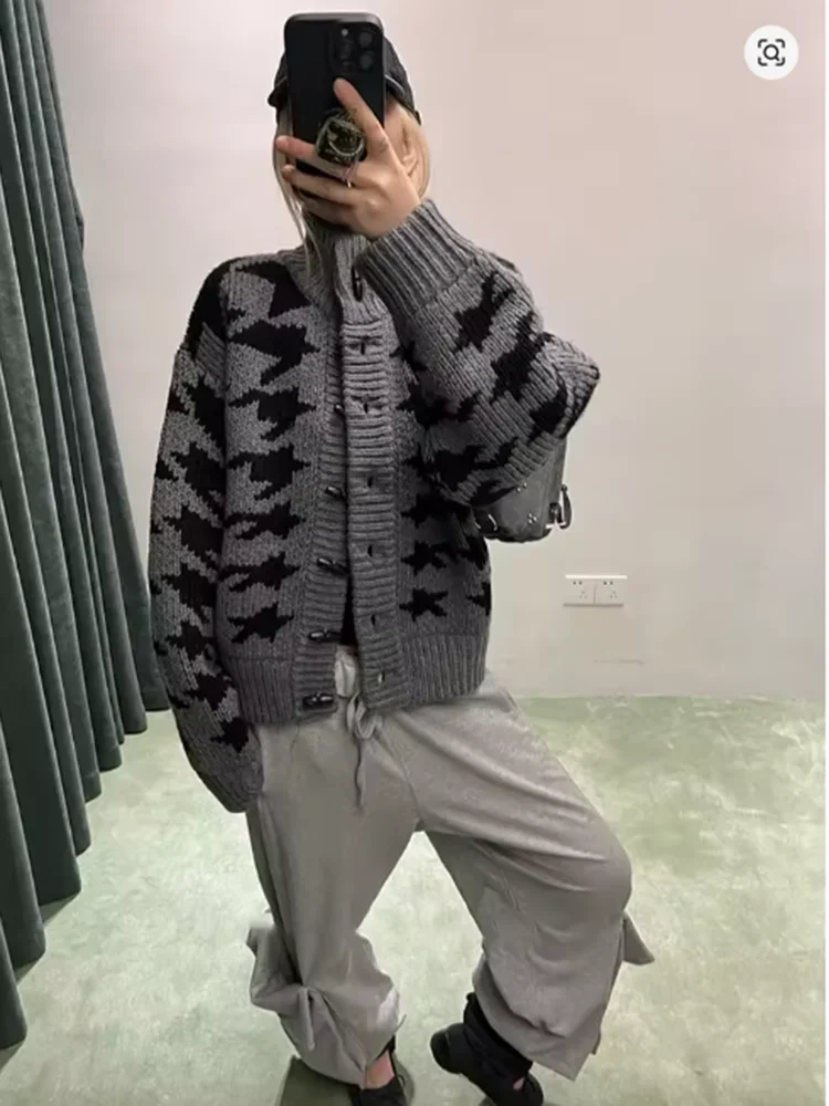 

Ретро клетчатый тяжелый вязаный свитер ручной работы, шерстяной открытый кардиган, куртка, новый осенний модный женский свитер в корейском стиле