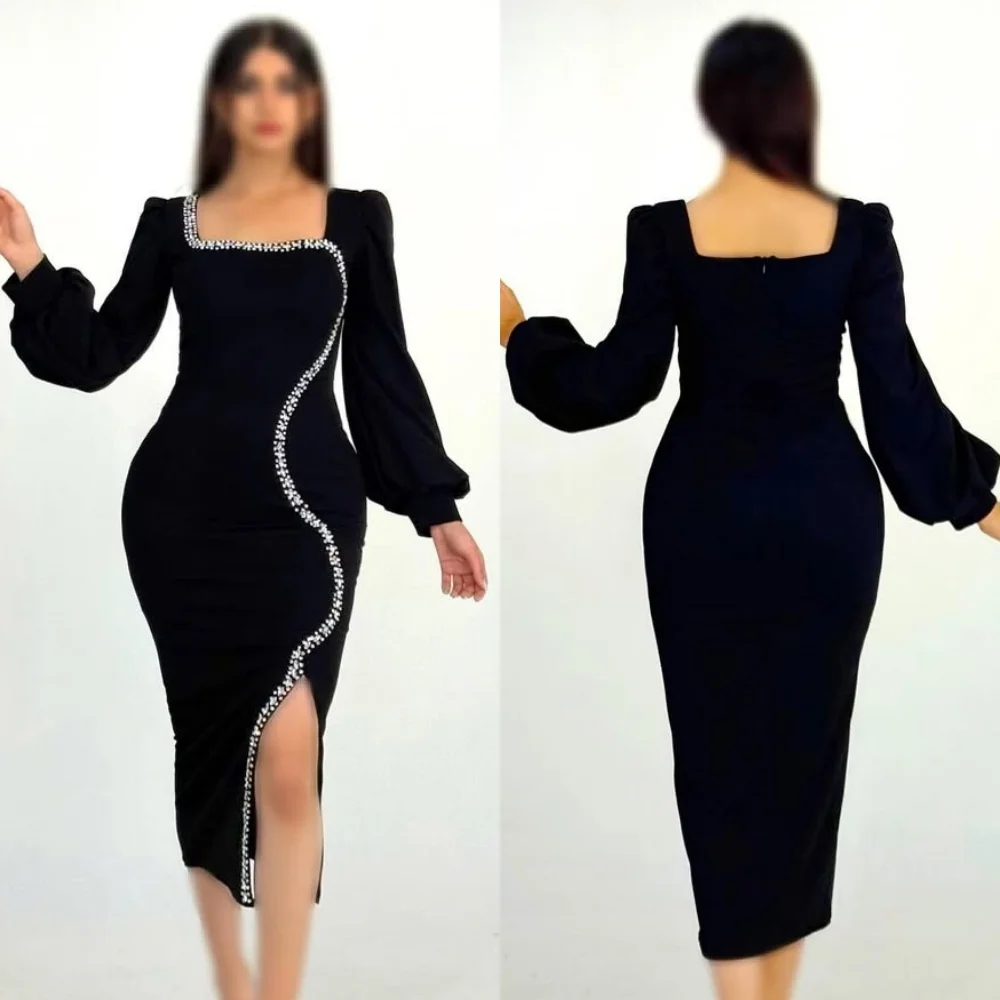 

Customized High Quality Classic Jersey Rhinestone Pleat Column Square Neck Midi Dresses Bespoke Occasion Dresses Formal Elegant