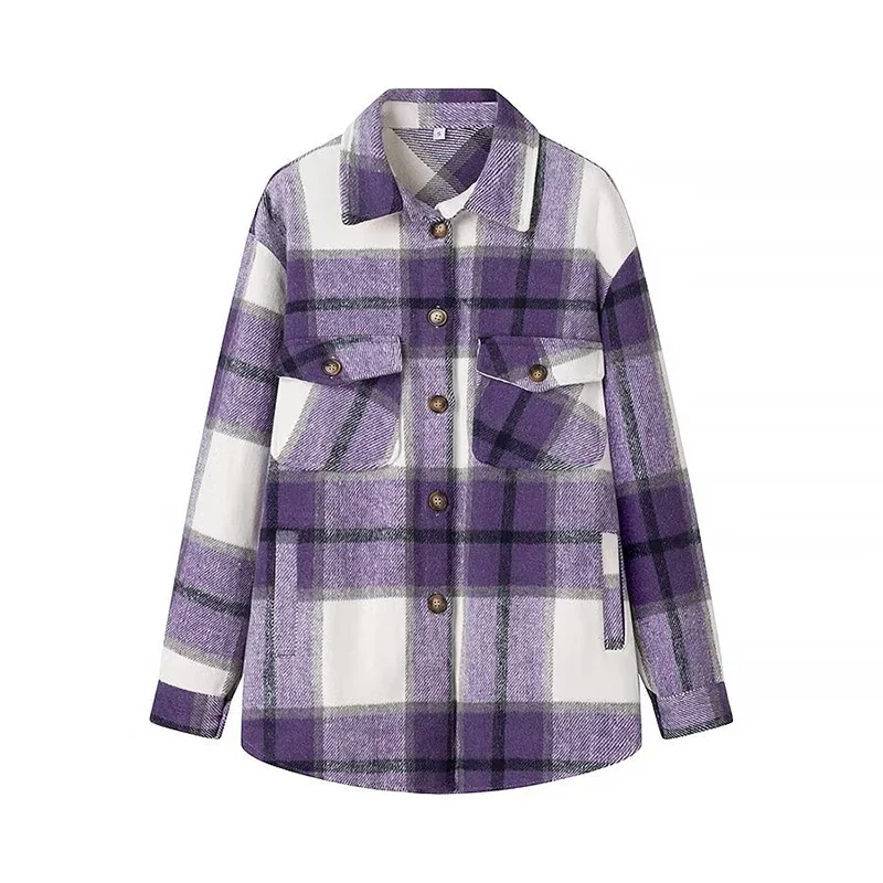 

Women's Flannel Plaid Shacket Long Sleeve Button Down Woolen Shirts Jacket Coats with Side Pockets Plaid Long Sleeve TOPS