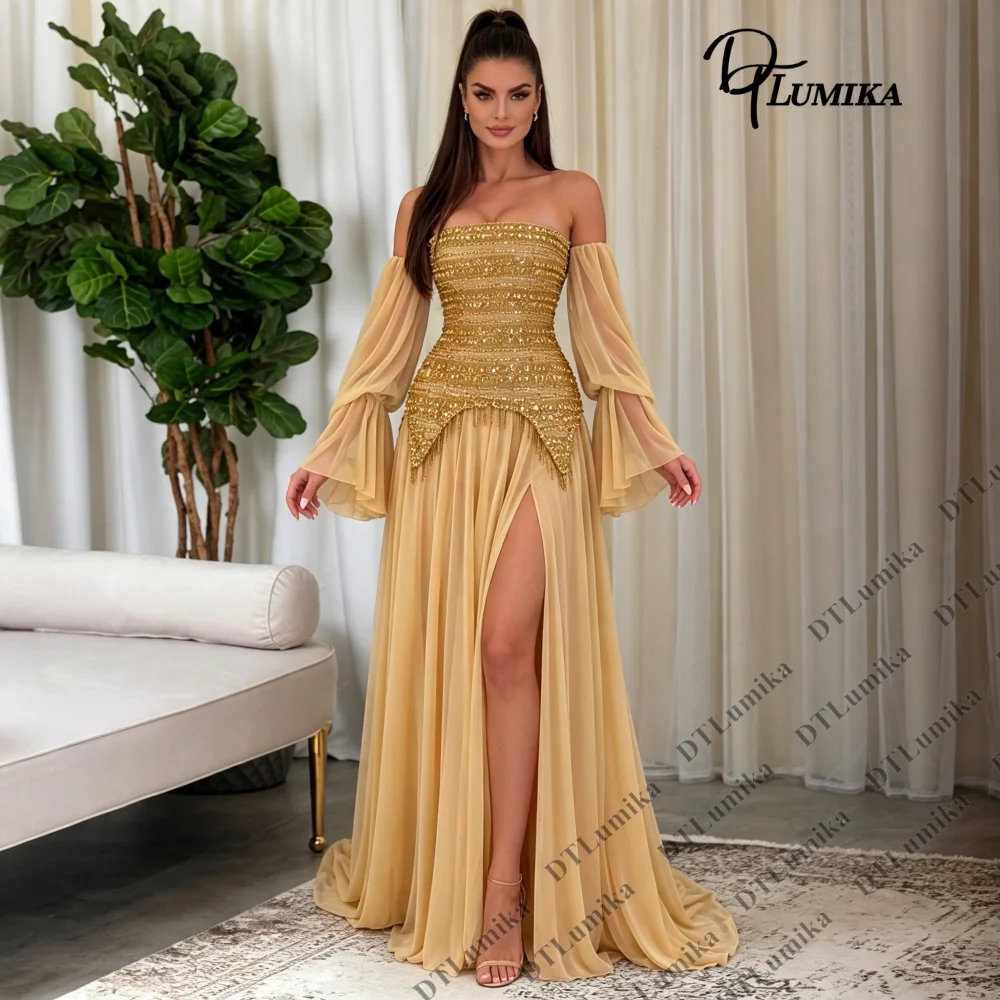 Off Shoulder Long Sleeve Prom Dress High Slit Floor Length Evening Gown for Homecoming Wedding Guest Formal Party Gala Events