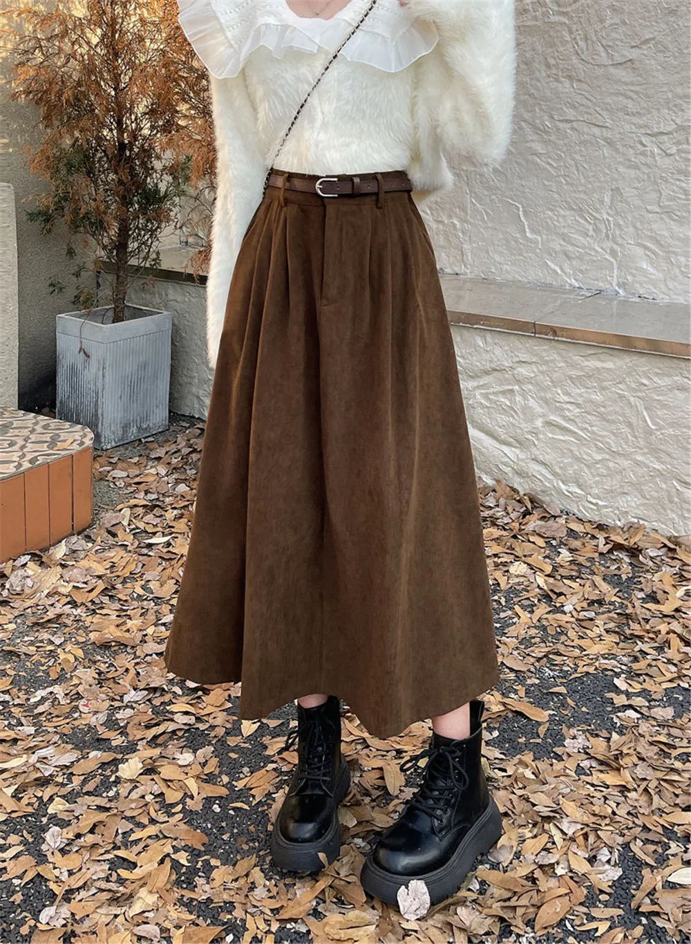 Korean Women\'S Brown Skirt 2024 Autumn Winter Black High-Waisted Corduroy Long Skirt Ladies College Style Pleated A-Line Skirts