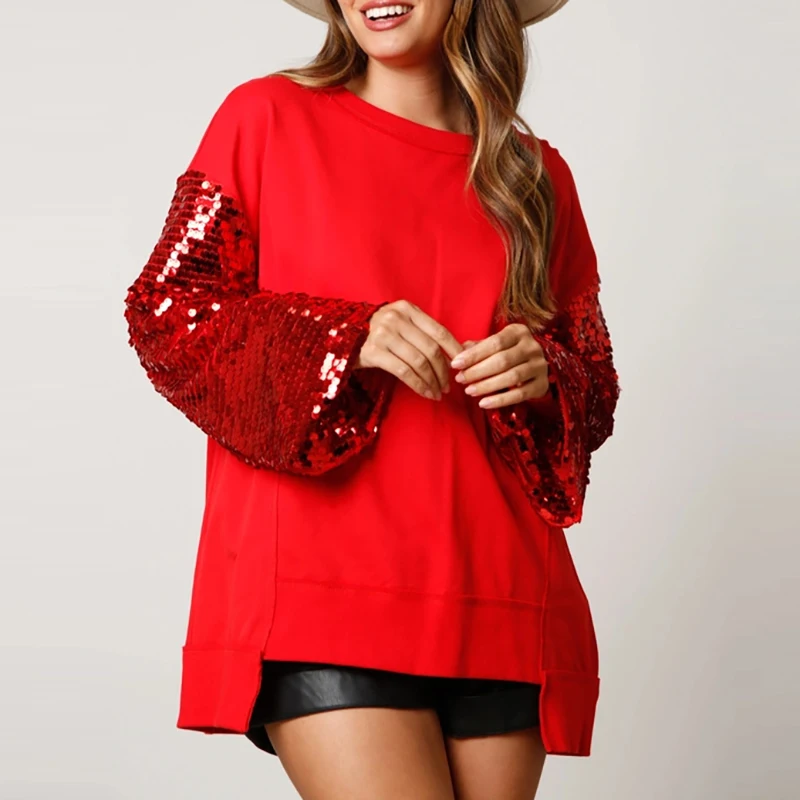 Casual Patchwork Loose Women Sweatshirt Fashion O-neck Solid Color Blouses Top ﻿ Winter Christmas Sequined Long Sleeved Pullover