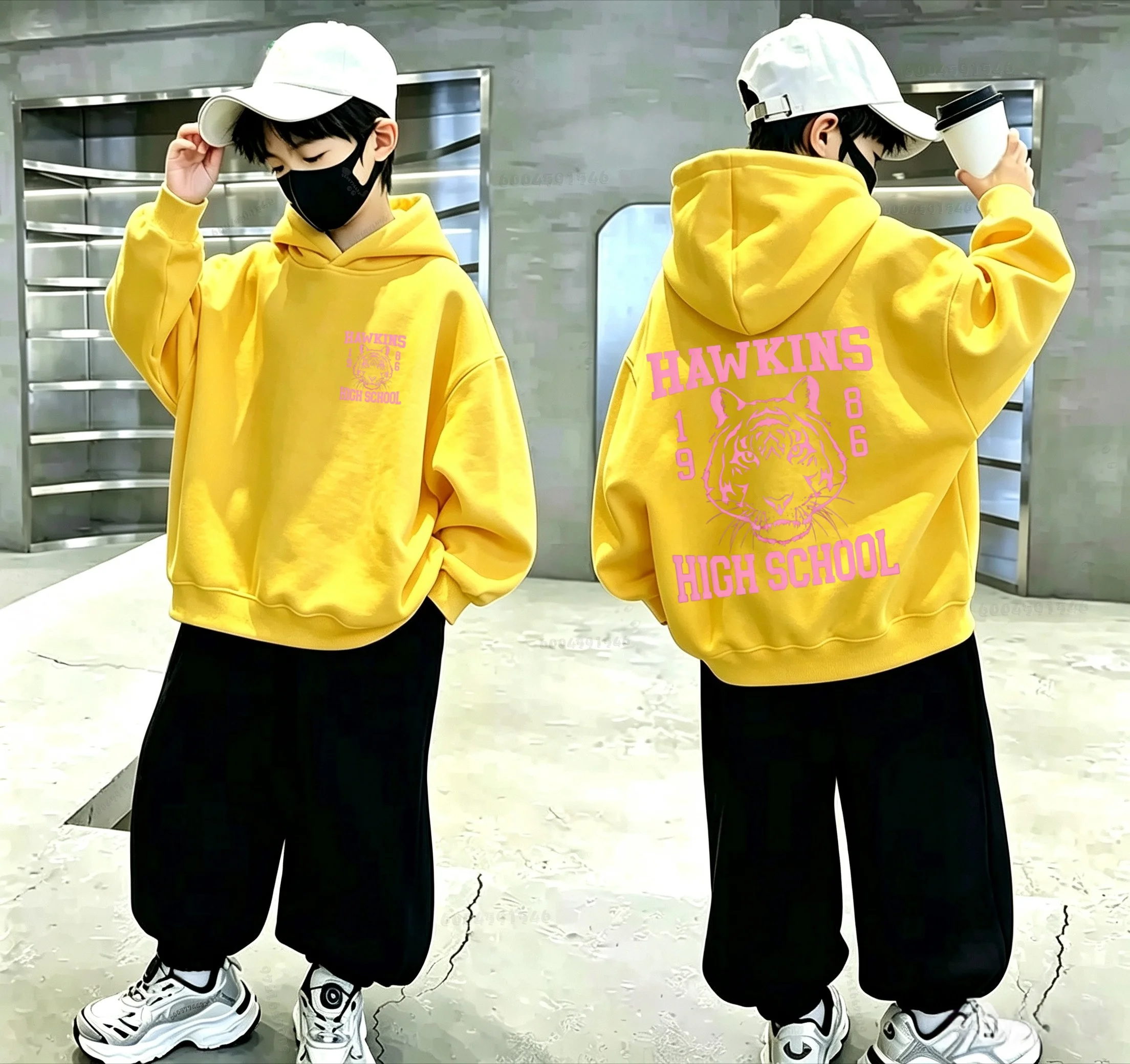 Children's long-sleeved hooded sweatshirt with trendy pink tiger letter print - boys' and girls' pullover sweatshirt