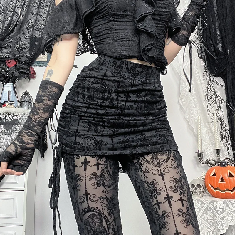 Pantalon évasé en dentelle transparente taille haute pour femme Y2K Punk noir pantalon à jambes larges coupe ajustée pantalon Long laçage latéral gothique Streetwear