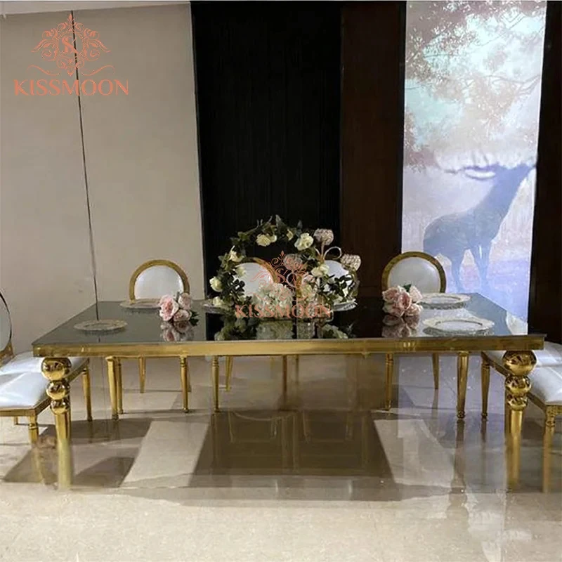 custom.Modern Luxury Stainless Steel Hotel Wedding Rectangular Mirror Tempered Glass Top Corrosion-resistant Event Table