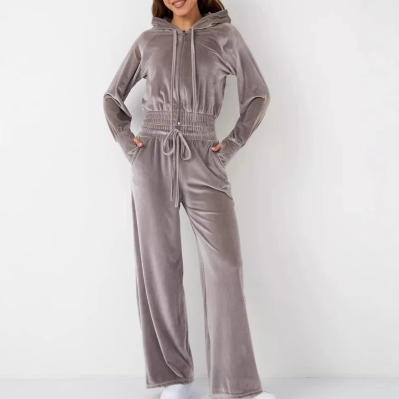 

2 Pieces Set Women Winter Autumn Velvet Tracksuit Zipper Hooded Jacket Tops Wide Leg Pants Women Casual Suits Female Sporty