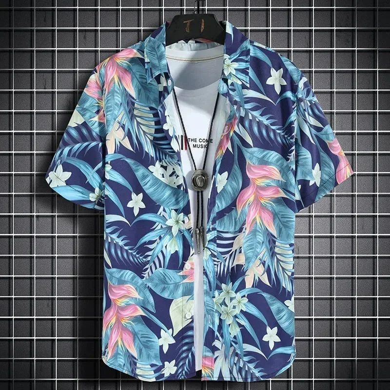 

Summer Edition Hawaii Beach Shirt Short-sleeved Casual Seaside Vacation Loose Floral Shirt Fashionable Top Leaf Pattern Print