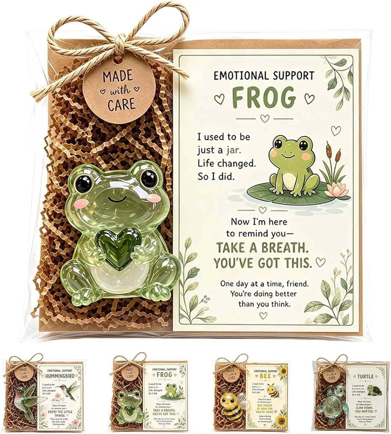 Emotional Support Glass Animal Set - Recycled Glass Hummingbird, Turtle, Frog, Bee with Inspirational Cards, Desk Decor