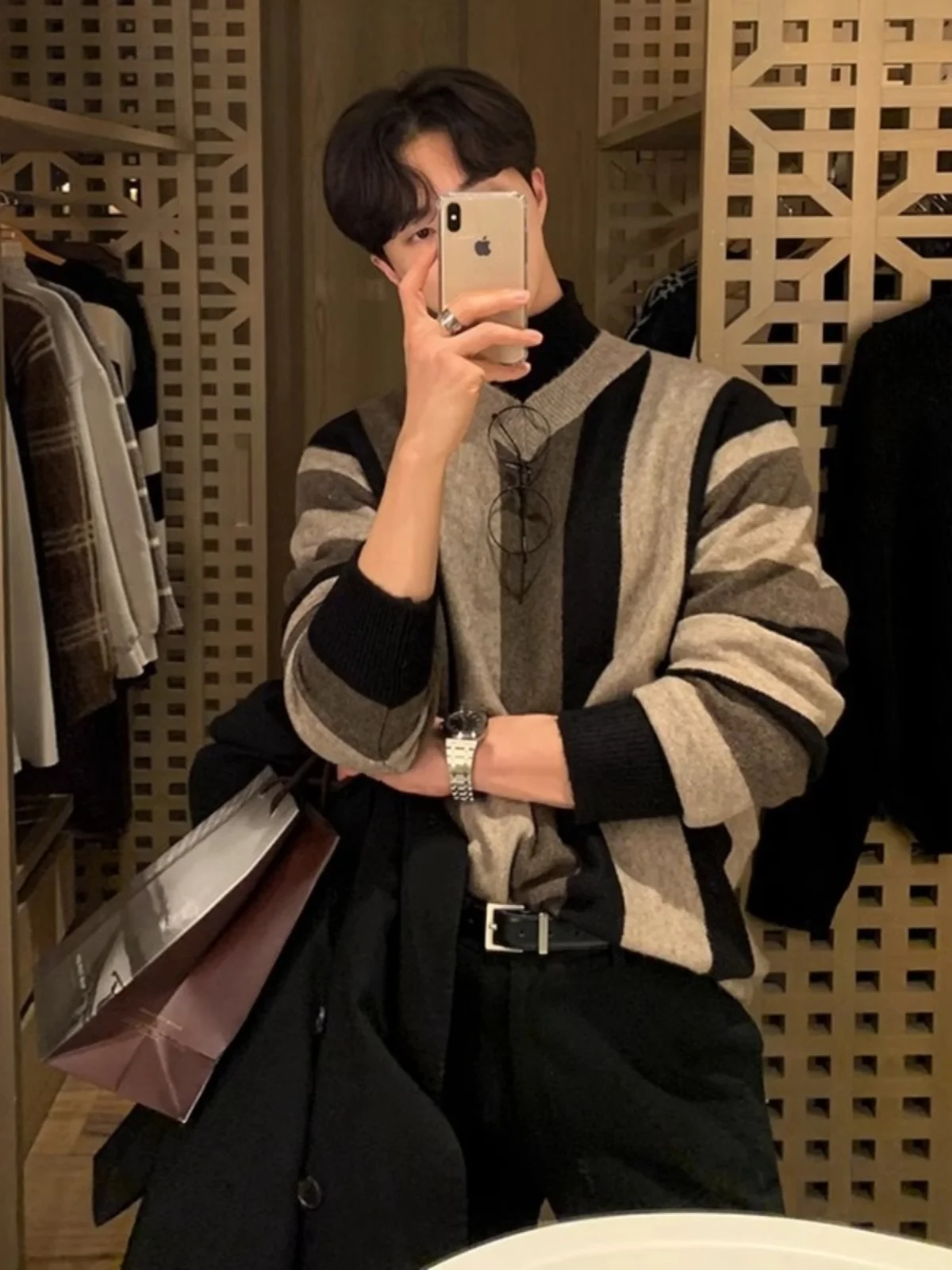 

American Stripe V-Ne Knitted Sweater Top Men's Autumn Winter Loose Color Blo Thi Long Sve Overhead Youthful Sle