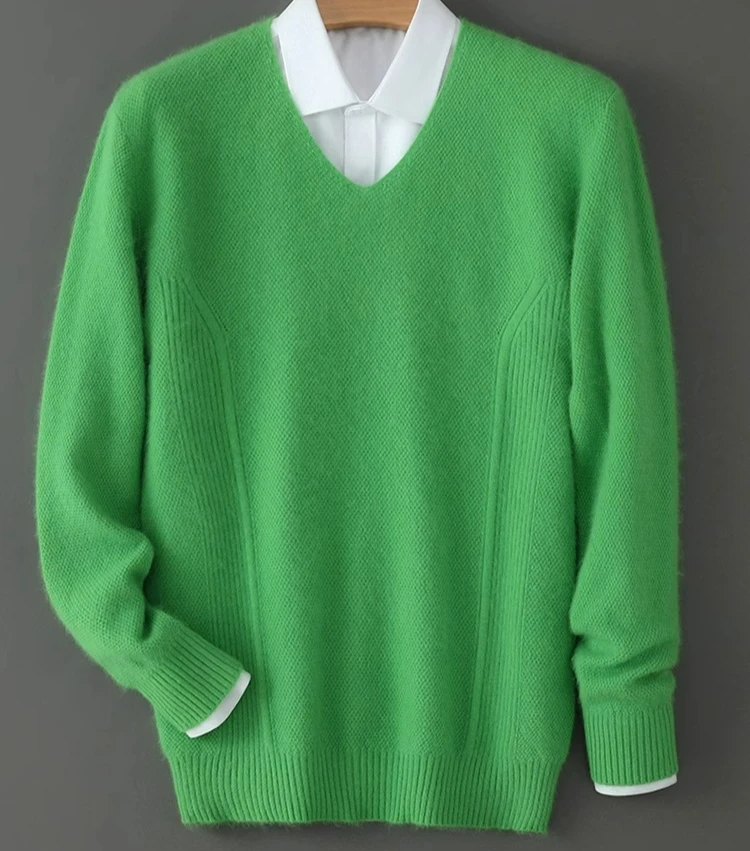 

100% pure mink sweater autumn and winter new thickened loose warm sweater V-neck casual business bottoming knitted sweater