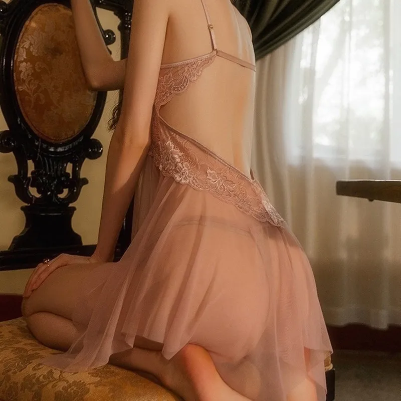 Robe de nuit en dentelle transparente pour femmes, lingerie sexy, fermeture sur le devant, nuisette à col en V, vêtements de nuit