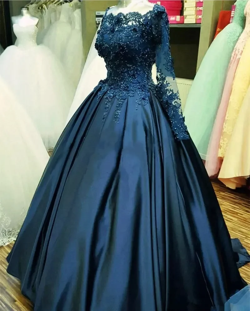 Vestidos de Quinceañera de manga larga para fiesta, moda de barco, apliques con cuentas, vestidos formales de cumpleaños de Cenicienta, caliente, 15