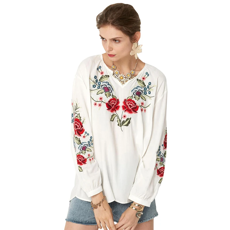 TEELYNN Cotton Floral Embroidery Shirts for Women Tops Vintage Loose Spring/Autumn Bohemia Blouses Long Sleeve V-neck Blouse