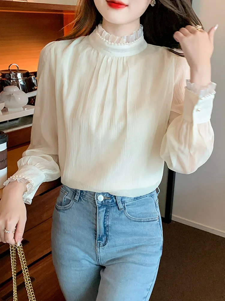 New Long Sleeve Beading Stand Collar Blouse Women Apricot Chiffon Blouse Shirt Women Tops Blusas Mujer De Moda 2024 Blouses G418