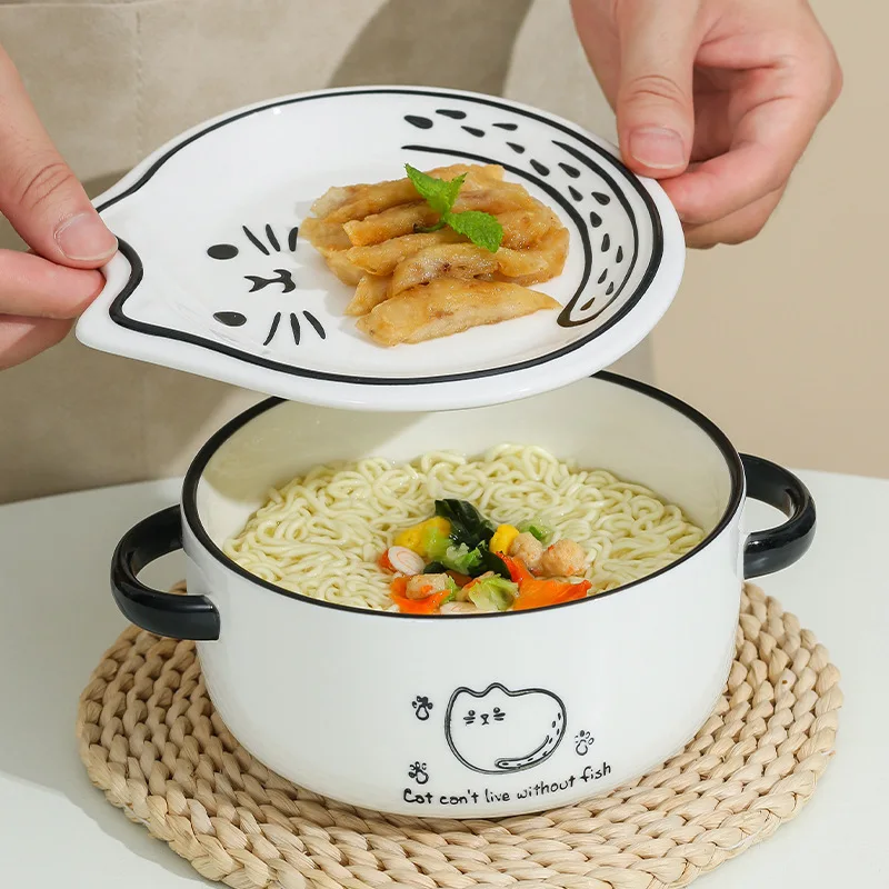 Nordic Simple Ceramic Bowl Cartoon Household Trumpet Personality Bubble Noodle Bowl with Lid Double Ear Soup Fresh-keeping Bowl