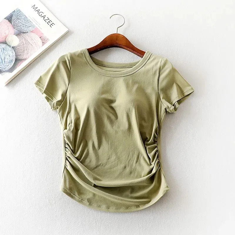 Women's Built-in Bra T-shirt Short Sleeve Ruched Slim Fit Summer Top