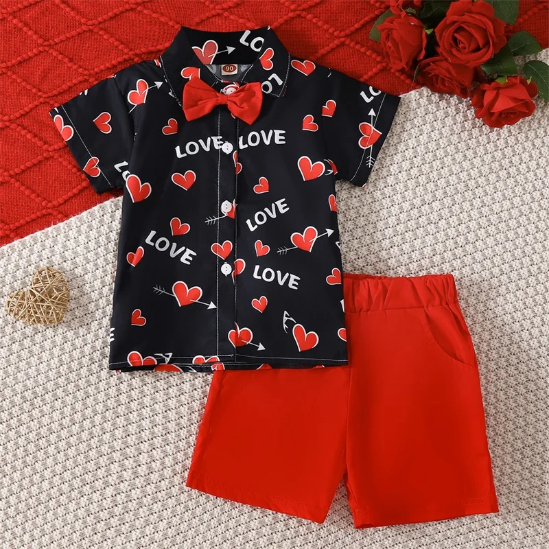 Baby Boy Valentines Day Outfit 1-5T Heart Print Bowtie Short Sleeve Shirts Tops and Shorts Cute Clothes for Toddler