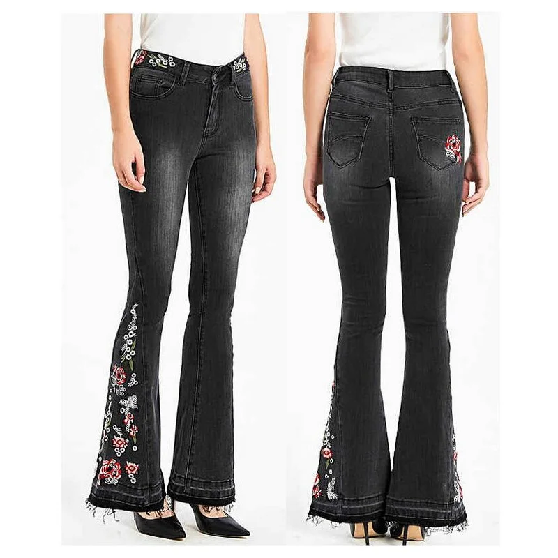 Embroidered Denim Trousers for Women, Skinny Jeans, Vintage Flare Pants, Black, EU 34-46