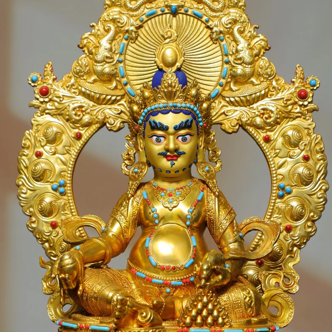 Old Bronze High Relief Gilded Painted Face Mosaic Gem Yellow Jambhala Sitting Buddha Backlight Amitabha Worship Hall Town house