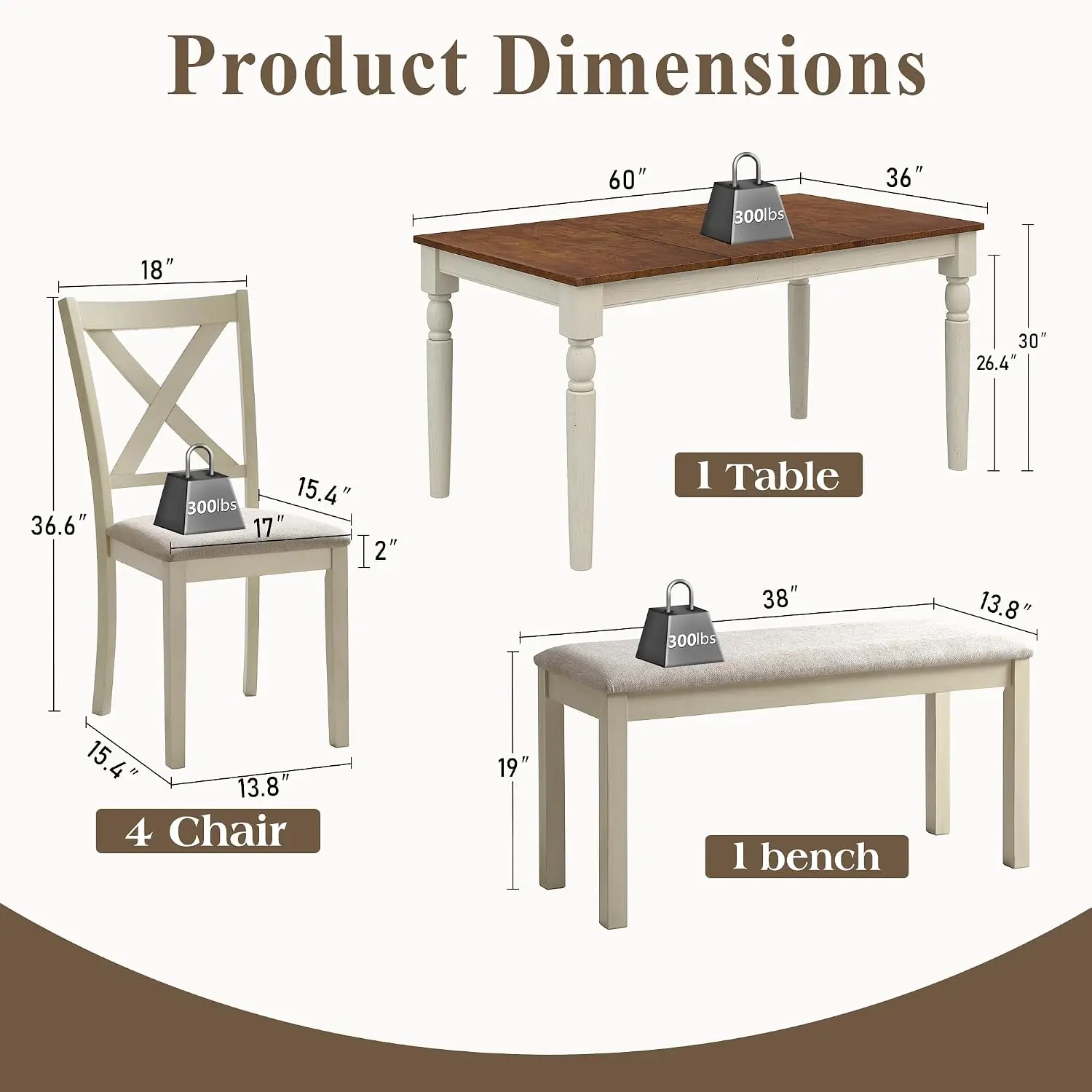 6 Piece Solid Wood Dining Table Set with 60
